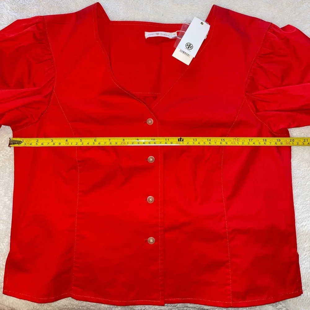 Tory Burch Red Cotton Puff Sleeve Button Up Blouse
